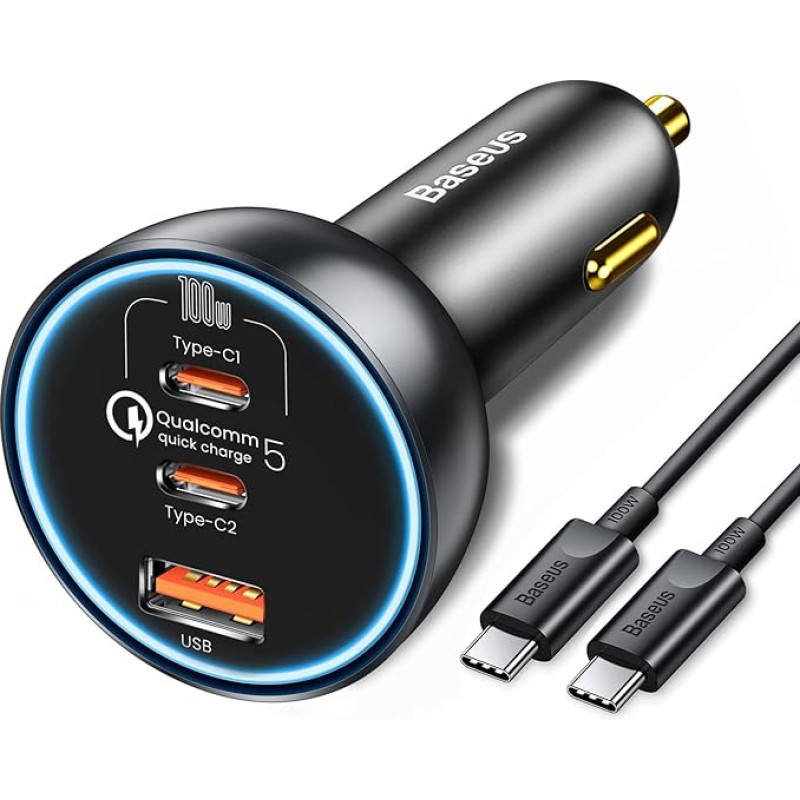 Baseus 160 W USB C Car Charger 3 Ports, QC5.0 PD3.0 PPS USB C Cigarette Lighter Car Charger USB Car Adapter Car Charger for iPhone 15 14 13 Pro Samsung S24 S23 Ultra iPad MacBook Pro