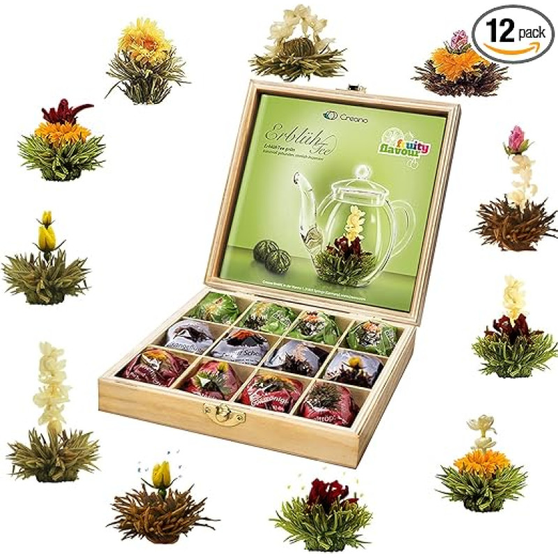 Creano Tea Flowers Gift Set in Wooden Tea Box, 12 Blooming Tea in 11 Varieties of White Tea, Green Tea, Black Tea, Tea Roses, Gift for Women, Mother, Tea Lovers