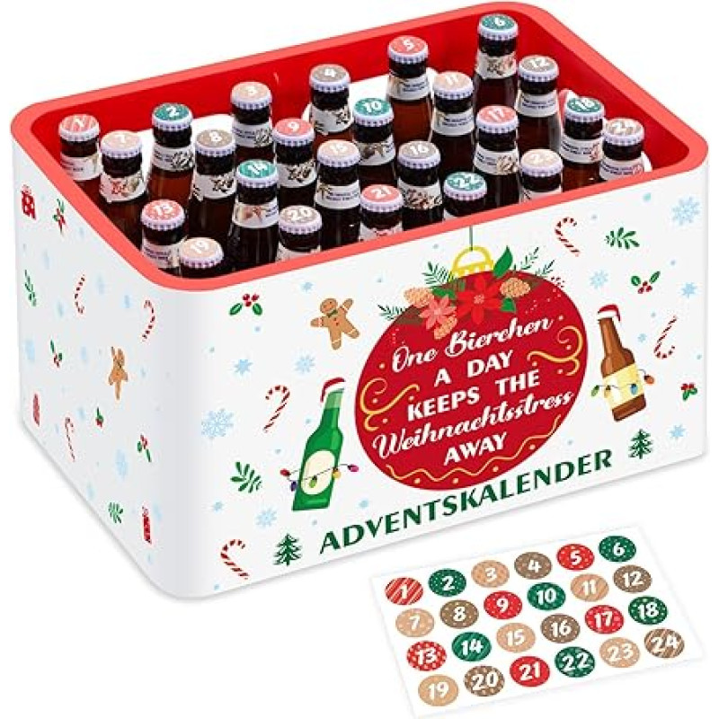 Sinmoe Men's Advent Calendar 1 Set Banderole for Beer Crate and 24 Stickers with Word One Beer a Day Keeps The Christmas Stress Away