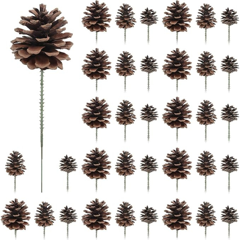 Larber Pack of 36 Pine Cones, 3 Sizes Pine Cones with Green Picks, Natural Cones for Christmas Tree, Christmas Wreath, Garland, Crafts, Thanksgiving, Autumn, Home Decor