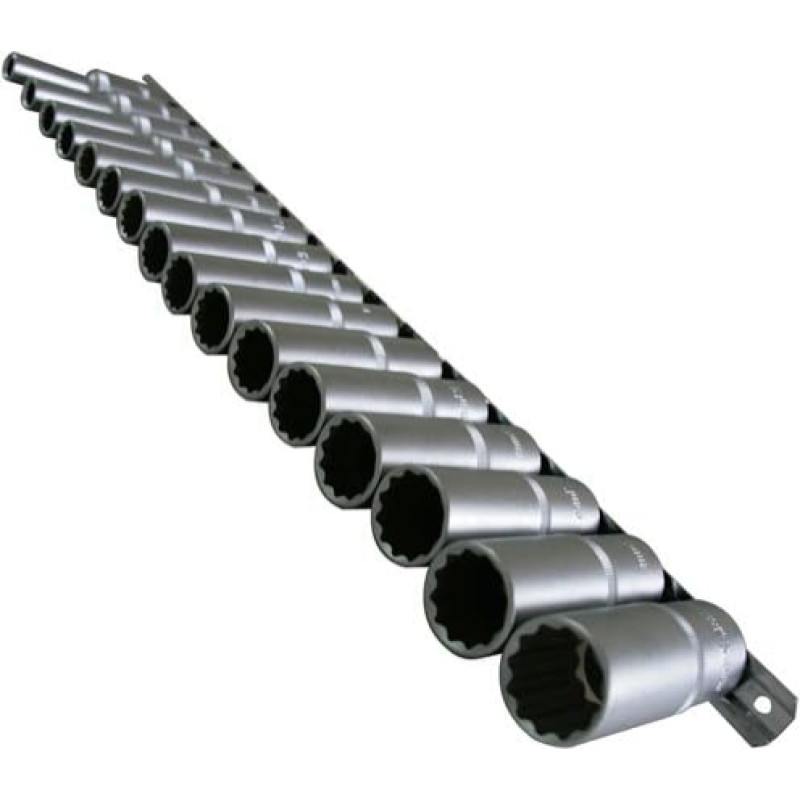 Ilgi 12-os kraštinių veržliarakčių įdėklai su įvairiais dantukais 8-24 mm chromo-vanadžio plienas 16 vnt.