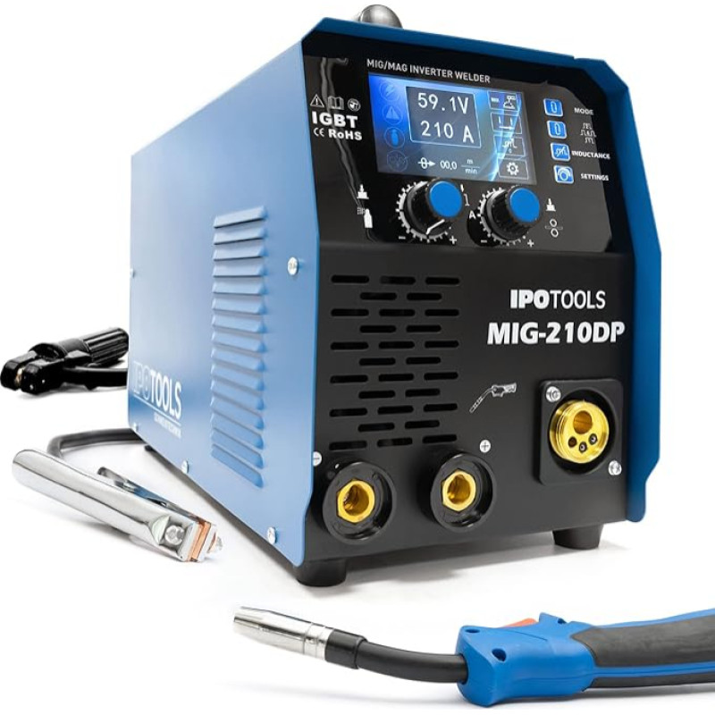 IPOTOOLS MIG-210DP 6-in-1 MIG MAG Welding Machine - Protective Gas Welding Machine with 210 A Synergic Pulse Double Pulse Function / Cored Wire Welding Machine and Electrodes / E-Hand / IGBT / 230 V