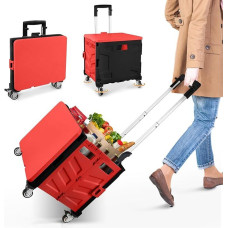 Sulankstomas pirkinių vežimėlis, transportavimo vežimėlis, iki 50 kg, 50 l dėžė, pirkinių krepšys su dangčiu, ištraukiama aliumininė ištraukiama rankena, 4 360° kampu besisukantys metaliniai ratukai, 103 x 43 x 38 cm