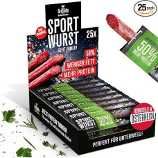 Grillido Sportwurst 25 x baltyminis užkandis iš jautienos ir žolelių (500 g) Mažai riebalų ir 39 % baltymų turintis saliamis, alternatyva mini saliamiui ir jautienos džiūvėsėliams Aukštos kokybės mėsos užkandis sportui ir fitnesui