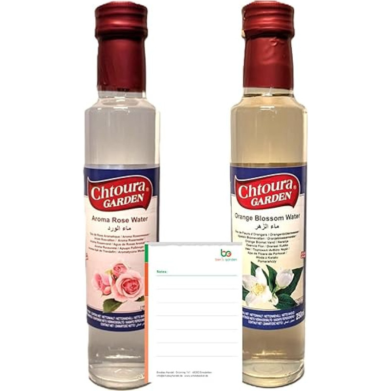 Chtoura Garden Blütenwasser Duo: Rosenwasser, Orangenblütenwasser, je 250ml (2x250ml), zur Aromatisierung von Süßspeisen, Backwaren und Getränken + Ben's Garden Notizblock Set