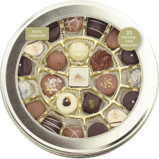 Lauensteiner Round Tin | 300 g Handmade Chocolates and Truffles | 17 Assorted Designs with and without Alcohol | Ideal for Coffee Table or as a Gift | Pack of 1