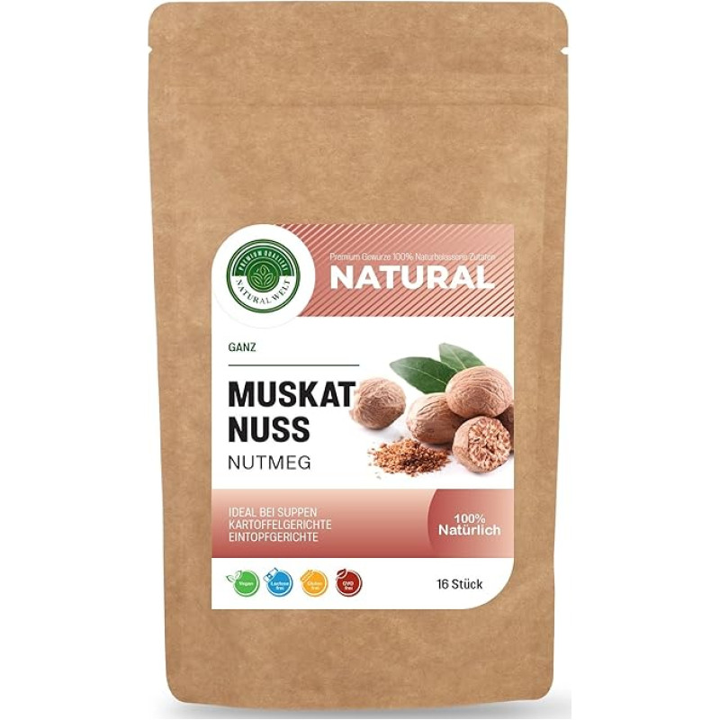 Natural World Nutmeg Whole and Dried Pack of 16, Premium Quality Nutmeg, Made from Siau/Ambon Indonesia Nutmeg Whole