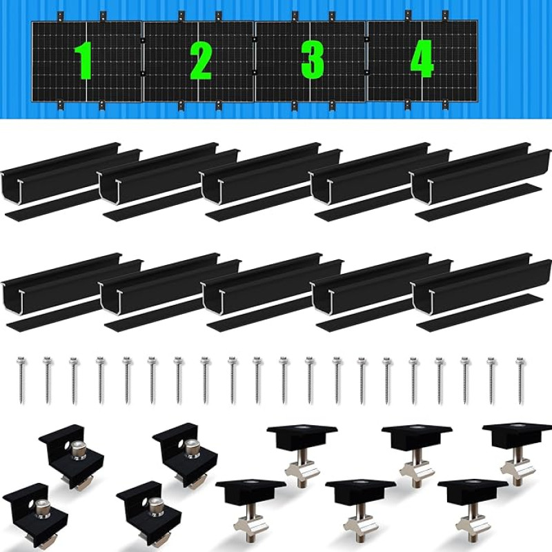 Warmfay Solar Panel Mount Mounting Set, Black 12 cm Aluminium Profile and Adjustable Brackets Attachment for Solar Module, Solar Panel Mount 4 Modules 30-35 mm for Flat Roof, Trapezoidal Sheet Metal