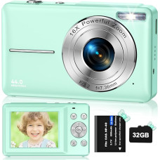 Skaitmeninis fotoaparatas HD 1080P 44 MP fotoaparatas su 32 GB atminties kortele, įkraunamas fotoaparatas su 16X skaitmeniniu priartinimu vaikams, suaugusiesiems, mergaitėms, berniukams (žalias)