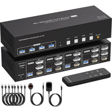 VPFET 4K144Hz 2 ekrano prievado + HDMI KVM jungiklis 4 kompiuteriai 3 monitoriai 8K60Hz 4 prievadų KVM jungikliai DP 1.4 HDMI 2.1 4 kompiuteriams dalytis 3 monitoriais ir 4 USB 3.0 įrenginiais su 4 USB kabeliais