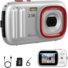 Skaitmeninis fotoaparatas 48 MP skaitmeninis fotoaparatas 2.5K su 32 GB SD kortele, palaiko 16x skaitmeninį priartinimą, skirtas vaikams nuo 4 iki 15 metų, pradedantiesiems fotografams, paaugliams studentams (sidabrinės spalvos)