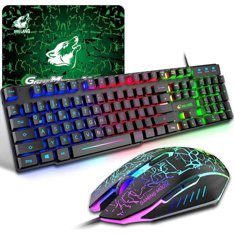 T13 Gaming Keyboard and Mouse Set, QWERTZ German Layout, Rainbow LED Backlight, Ergonomic Keyboard, 6 Buttons, 2400 DPI Mouse, USB Wired, Compatible with PS4 XBox