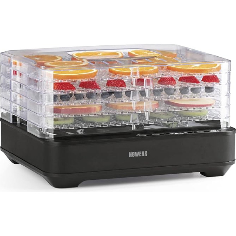 N8WERK Dehydrator Stainless Steel | Temperature Controller from 35-70 °C, Digital Timer (up to 24 Hours) | Dehydrator with 5 Grids, Adjustable Height | Nutrient Preserving Cooking of Fruit and