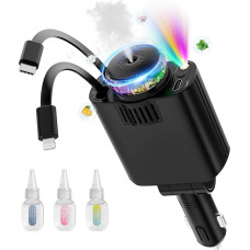 USB C Cigarette Lighter with Ambient Light and Aroma Function, 5-in-1 Retractable Car Charger Adapter 66 W Mobile Phone Fast Car Charger Compatible with iPhone 16 15 14 13 Android, Black