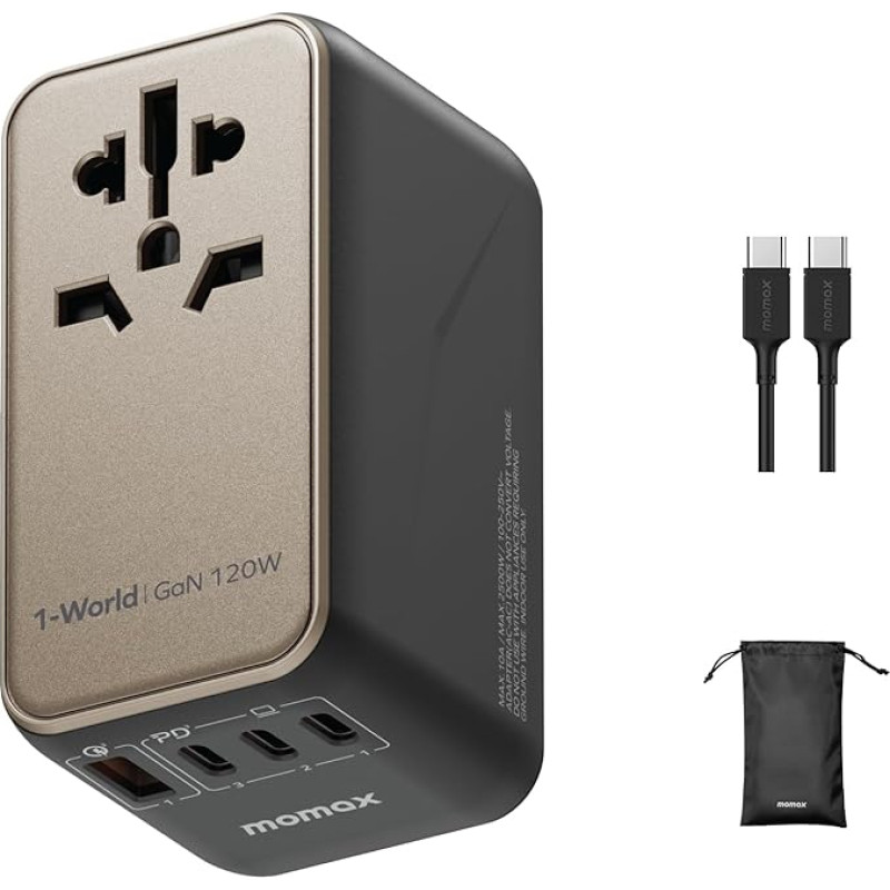 MOMAX 120W GaN Travel Adapter Worldwide USB C, Travel Plug Worldwide Fast Charging for Vision Pro with 3 USB C 1 USB A, International Adapter for USA UK Japan EU Australia Canada