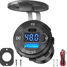 High Voltage USB Socket 12 V 24 V 36 V 48 V 60 V Aluminium Car Charger Socket, PD 30 W USB C and QC 36 W Car USB Connection Waterproof Cigarette Lighter Power Adapter DIY Kit with Button Switch for