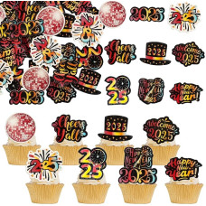 Gyufise 2025 Happy New Year Edible Cupcake Toppers Rice Paper Fireworks Clock Hello 2025 Cheers to 2025 Cupcake Picks for Women Men Birthday Party Anniversary Decoration (Red)