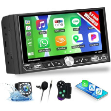 CAMECHO Double DIN Radio 6.8 Inch Wireless Carplay HD IPS Touchscreen Bluetooth 5.2 FM/AM/RDS Car Radio with Android Car Mirror Link EQ Sound Steering Wheel Control + Reversing Camera, AUX USB