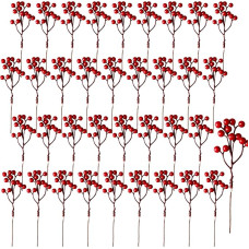 Pack of 40 Christmas Red Berry Stems Artificial Red Berry Stems Christmas Holly Berry Branches for Christmas Tree Decor Wreath DIY Crafts