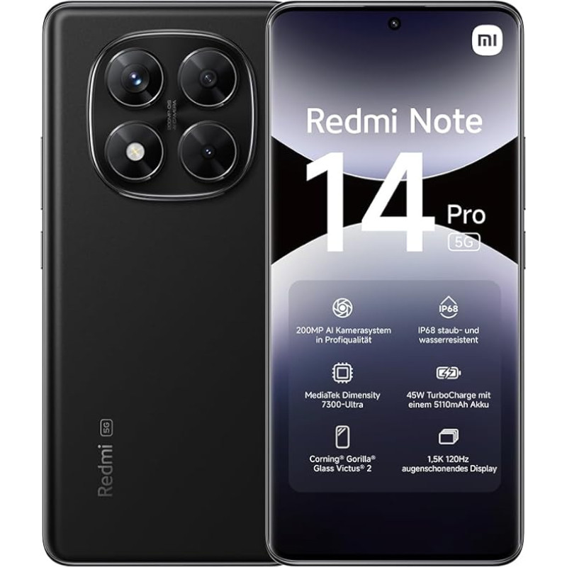 Xiaomi Redmi Note 14 Pro 5G Smartphone, 8+256GB, Black, 200MP Professional AI Camera, IP68, 45W Turbo Charge with 5110mAh Battery, AI Functions (No Charger Included), 2