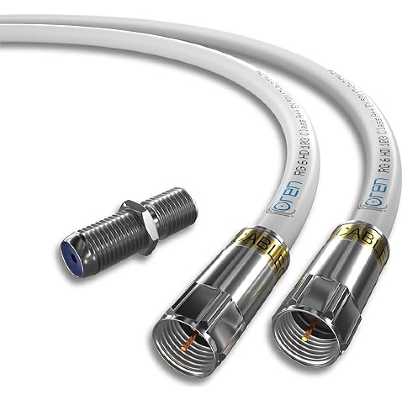 Oren Coaxial Cable 2 m RG6 HD103 A++ Trishield - White - with Cabelcon Plug and Adapter - Weatherproof - for Satellite and Digital Televisions, Antenna, Broadband and High Speed Internet Connections