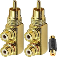 Xiatiaosann RCA Splitter Audio Male Adapter RCA Splitter 1 to 2 90 Degree Right Angle RCA Male to 2x RCA Female AV Splitter for Stereo Audio Phono Cable Pack of 2