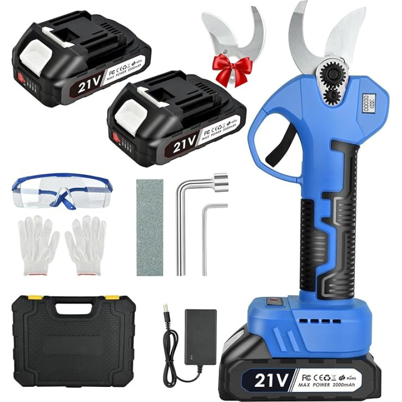 30 mm elektrinės genėjimo žirklės su 2 21 V/2000 mAh akumuliatoriais, akumuliatoriniai genėjimo įrankiai