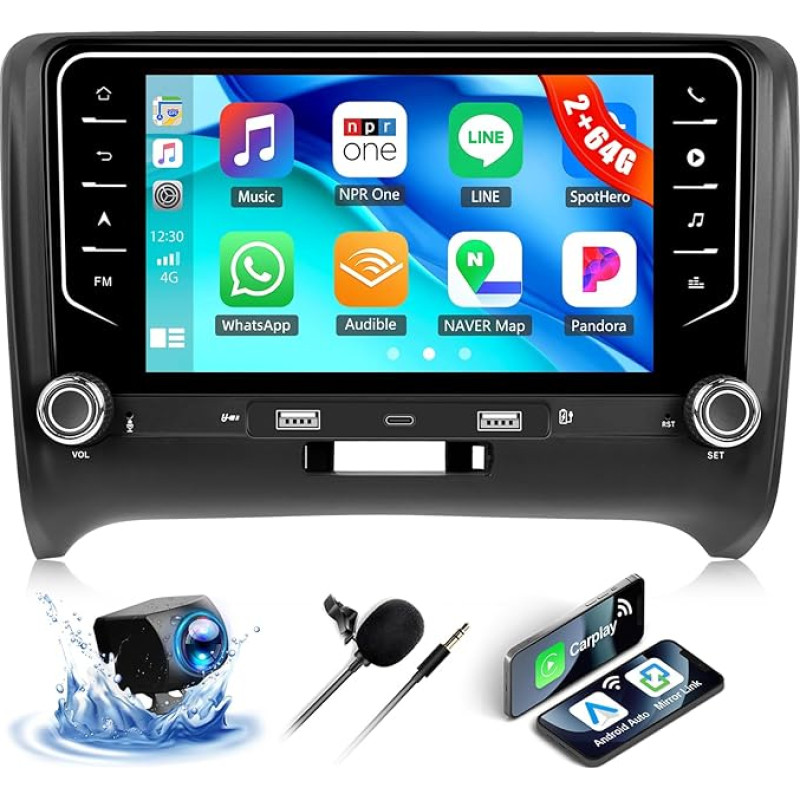 OiLiehu 2G + 64G Android 13 Carplay Android automobilinis radijas 2 DIN Audi TT MK2 8J 2008-2014 m. automobilinis radijas su 7 colių ekranu su EQ/Bluetooth/SWC/FM/RDS/Mirror Link/WiFi/USB/Type-C/GPS/ galinio vaizdo kamera