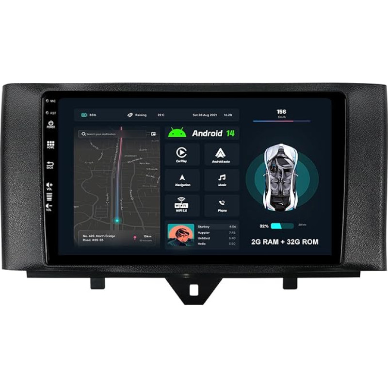 9 Zoll IPS Bildschirm Android 14 Autoradio Quad Core Für Mercedes Benz Smart Fortwo W451 (2011-2015) Eingebautes CarPlay/BT Unterstützung WiFi/360 Kamera/DAB-4G+64G