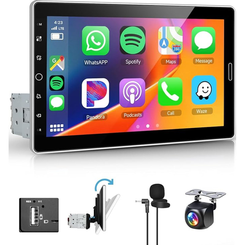 Hodozzy 1 DIN Car Radio with Wireless CarPlay Android Car, 10.1 Inch Rotating IPS Touchscreen Car Radio with Bluetooth 5.2/Mirror Link/AM/FM/RDS/EQ/USB/SWC + Reversing Camera