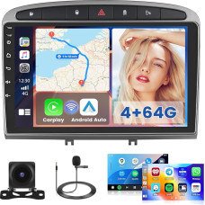 Hikity 4G+64G Autoradio Android für Peugeot 308/408 2007-2015, 2-DIN-Autostereo mit Wireless Carplay, Android Auto, 9-Zoll-Touchscreen, GPS, WiFi, FM/RDS, 32EQ, Kamera, Mikrofon