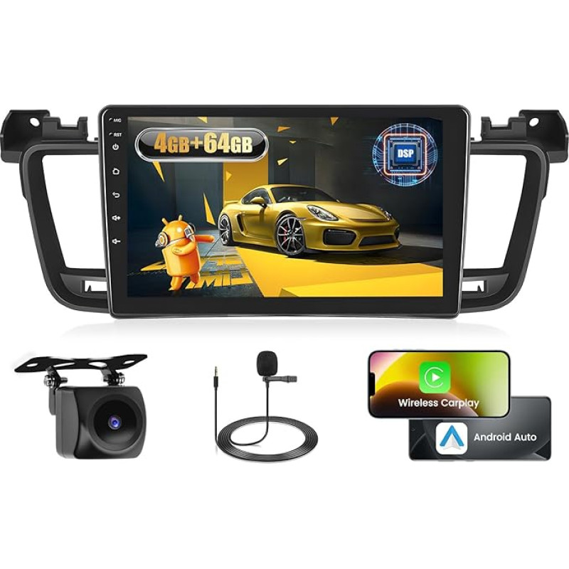 Fuluku 4+64G Android Autoradio für Peugeot 508 2012 2013 2014 2015 2016 mit Wireless Carpaly&Android Auto, 9'' IPS Touch Screen Radio mit Bluetooth 5.0/GPS/Rückfahrkamera/FM/WiFi/SWC