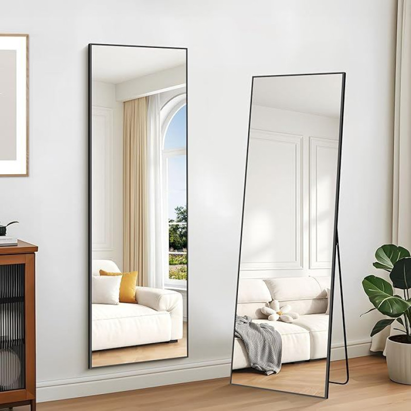 KOCUUY Stačiakampis veidrodis per visą ilgį, 147 x 44 cm didelis pastatomas veidrodis, didelis sieninis veidrodis su juodu aliuminio rėmu, kabantis, pastatomas, pakreipiamas, skirtas svetainei, miegamajam ir prieškambariams