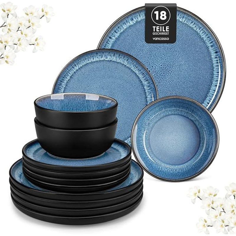 vancasso PLAYA Crockery Set for 6 People, Stoneware Crockery Set 18-Piece for 6 People, Blue Dinner Service with Plate Set, Bowls & Salad Plates, Dishwasher Safe, Microwave Safe