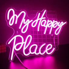 SIGNSHIP My Happy Place Neon Lights, LED Neon Lights, USB Letters, Large Acrylic Art, Wall Decoration for Bedroom, Game Room, Bar, Party Decoration