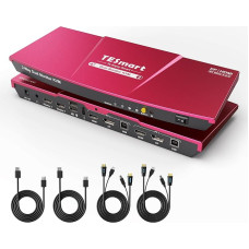 TESmart KVM jungiklis DisplayPort HDMI 2 monitoriams, 4 prievadų DP+HDMI 2 PC 2 monitorių jungiklis su kabeliu, EDID, 4K@60Hz, stereofoninis garsas, perjungimo mygtukas, USB 2.0, KVM jungiklis dviems monitoriams darbui