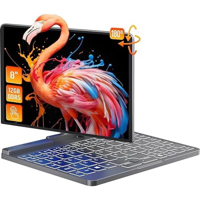 8 Inch 2 in 1 Mini Laptop Computer Full Metal Touchscreen Windows 11 Notebook PC, N100 12th Generation, 12G DDR5, WiFi 6, Bluetooth 5.2, G-Sensor, 2MP Web, RJ45 (Grey, 12+960G)