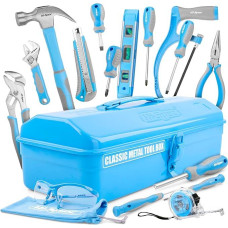 Hi-Spec Blue Tool Set for Beginners - Metal Tool Box for Kids Including Hammer, Screwdriver Set, Hacksaw and Pliers - Complete DIY Tool Box
