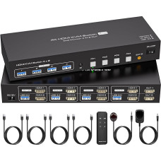 VPFET 4 prievadų HDMI KVM jungiklis 4 kompiuteriai 2 monitoriai 4K60Hz KVM jungikliai EDID imitavimas 4 kompiuteriams dalytis 2 monitoriais ir 4 USB 3.0 prievadais Į komplektą įeina DC12V adapteris ir 4 USB 3.0 kabeliai