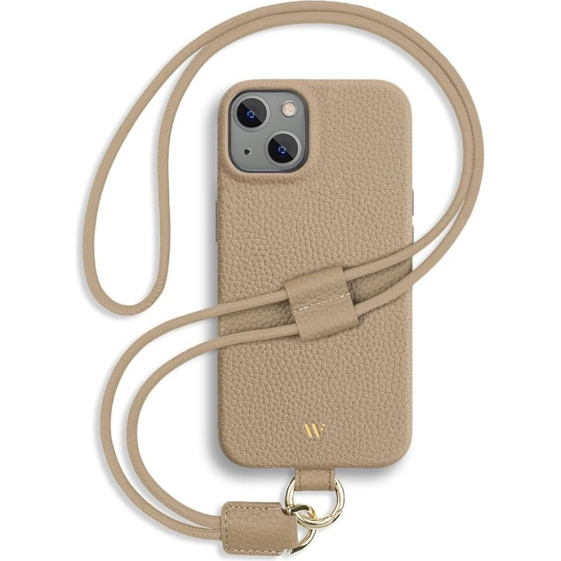 WIIUKA Case for iPhone 14, Leather from Germany, Leather Mobile Phone Chain, Premium Mobile Phone Case, Chain Strap, Beige