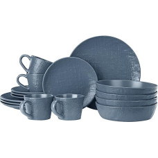Navaris Stoneware Crockery Set for 4 People (16 Pieces) - Plate Set Crockery Set Crockery - Dinner Service with Soup Plate Set - Crockery Service - Dinner Service for 4 People - Smokey Blue
