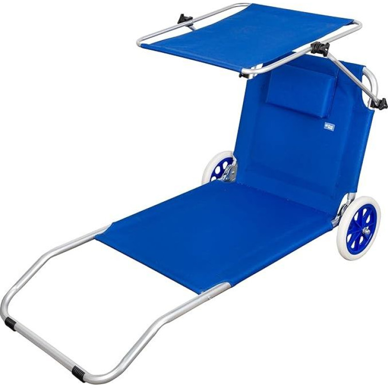 Aktive Beach 62610 Beach Lounger with Wheels, 2 Wheels, with Parasol, Beach Seats, 115 x 62 x 21 cm, Seat Height 11 cm, Weight Max. 110 kg, Blue