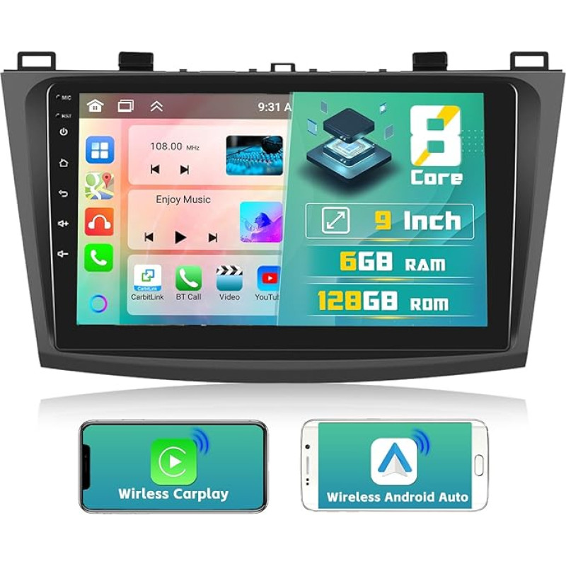 [2024 Upgrade 8 Core 6G+128G] Hikity 9 colių Android 13 automobilių radijas 2DIN Mazda 3 2009-2013 Radijas su CarPlay Android automobilinis belaidis WiFi GPS BT5.0 59UI 32DSP RDS Mic atbulinės eigos kamera