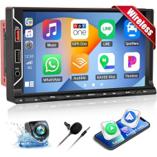 Car Radio 2 DIN with Wireless CarPlay Wireless Android Car 7 Inch Car Audio Receiver Car Radio Touchscreen with Bluetooth 5.1, Wireless Mirror Link, FM, SWC, USB/AUX/TF + Reversing Camera