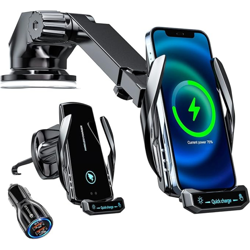 15 W Fast Wireless Charger Car Mobile Phone Holder with Charging Function Car Induction Motor Operation Qi Charging Station Car Mobile Phone Holder Car Ventilation (Black + QC3.0 + Stand)