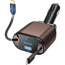 OHLPRO Retractable Car Charger 4-in-1 USB C [PD3.0 & QC3.0] Quick Charger, Cigarette Lighter Plug Adapter 78 W with Lightning Charging Cable, Mobile Phone Car Charger for iPhone 15, 14, 13 Pro, Max,