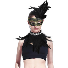 NICEYEA Women's Feather Masquerade Mask Feather Scarf Set Halloween Carnival Costume Women's Gothic Collar Mask Accessories for Cosplay Party Carnival Costume