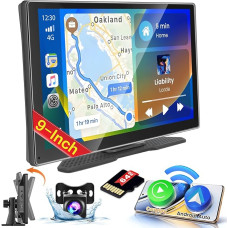 Hikity Portable Carplay Car Radio with 9 Inch Screen Wireless Carplay Android Car Mirror Link Support FM Transmitter Bluetooth USB AUX + 64GB TF Card + AHD Reversing Camera 7-32V