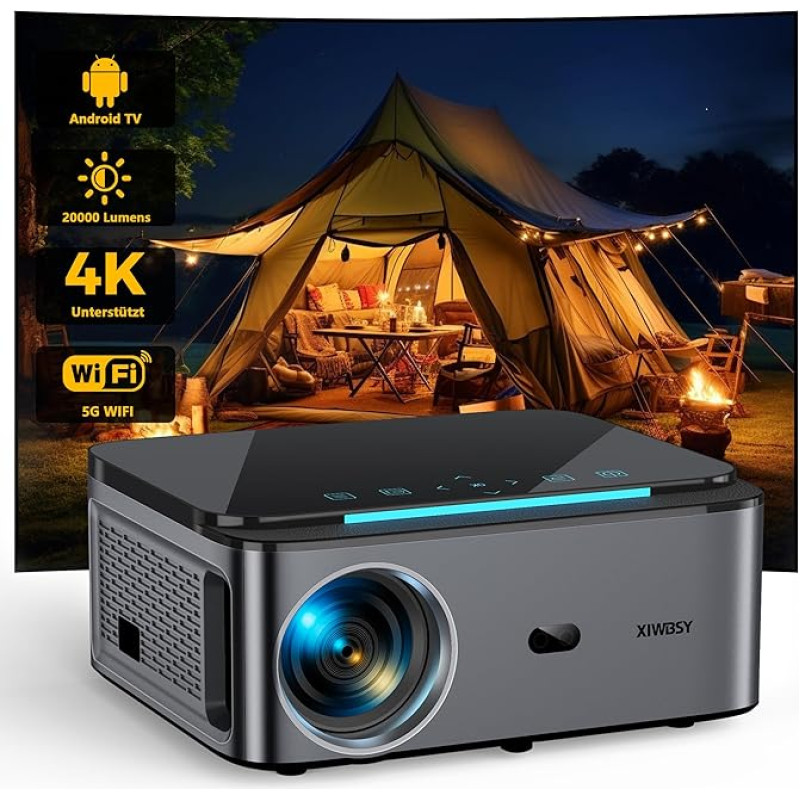 Projector Android TV: XIWBSY 20,000 Lumen Projector 4K Home Cinema, 5G WiFi Bluetooth Projector LED Projector 300 Inch Display, Projector Android YouTube, Netflix, LED Outdoor Projector