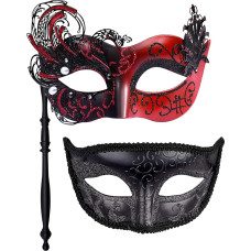 SIQUK Pack of 2 Venetian Masquerade Mask with Rod Carnival Mask Eye Mask for Women Men Halloween Carnival